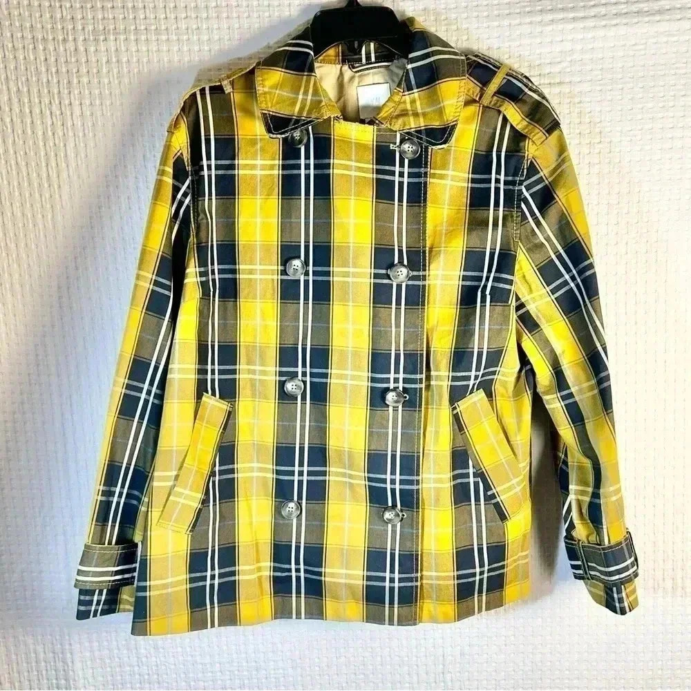 H&M Sz 12 Double Breasted Jacket Inverted Back Pleat Swing Coat Yellow Gold Blue